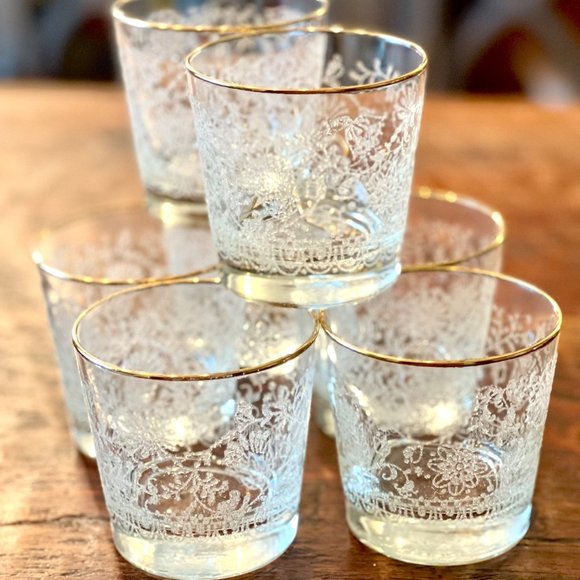 2 White Lace Floral Libbey MCM Old Fashioned Whiskey Gold Rimmed - Picture 4 of 8